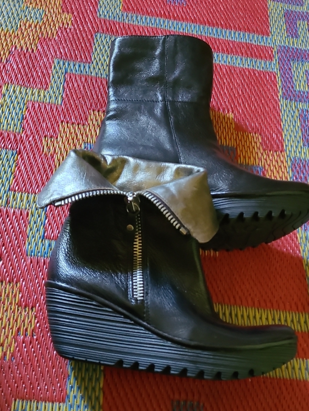 Fly London Blk Wedge Fold Down Ankle Boots with Side Zip & Silver Leather Lining